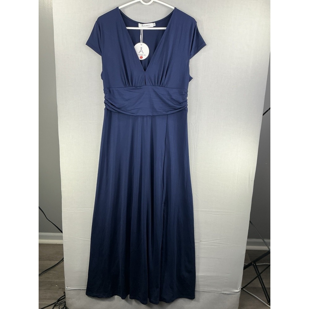 ANRABESS Women's Large Navy Blue Maxi Dress V-Neck Short Sleeve Stretch
